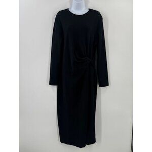 Tanya Taylor Blakely Dress 2X Black Knit Midi Maxi Long Sleeve Side Knot Ruched